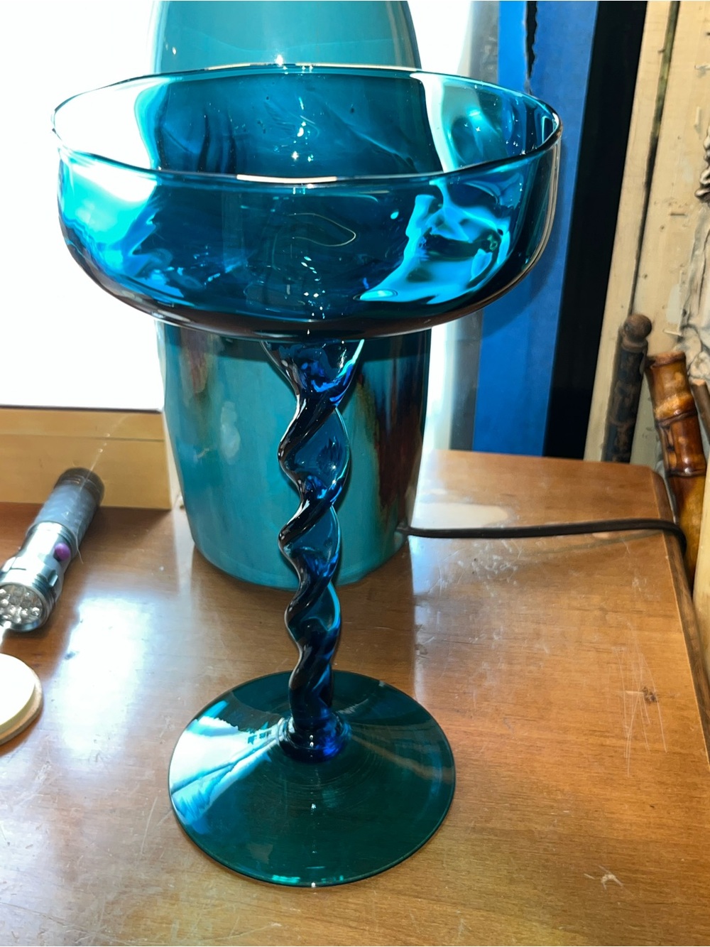 MCM Mid Century Blue Optic Art Glass Compote Twisted Stem Bowl Italy Empoli VTG
